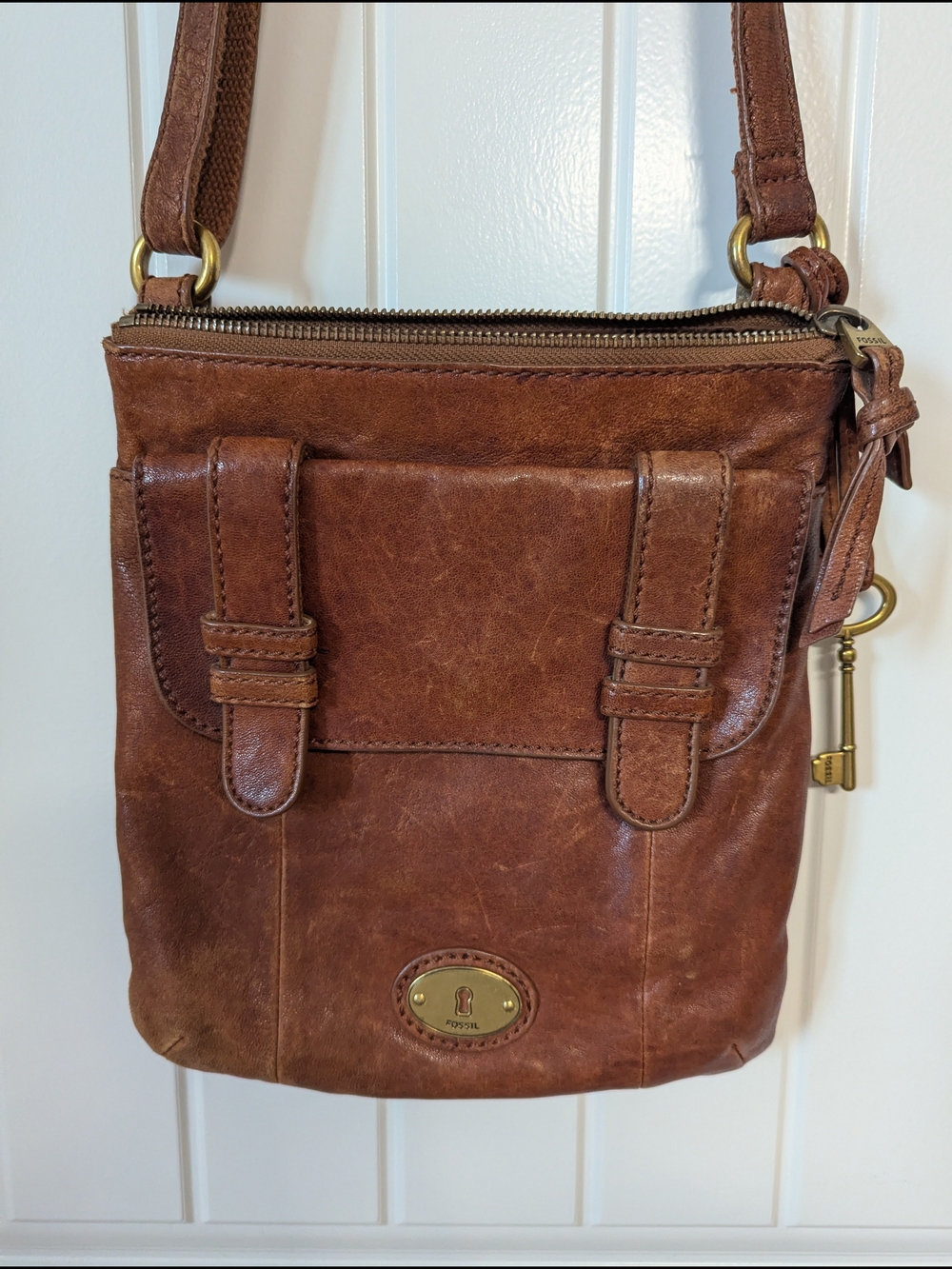 Fossil Chestnut Brown Leather Crossbody with Brass Key Charm